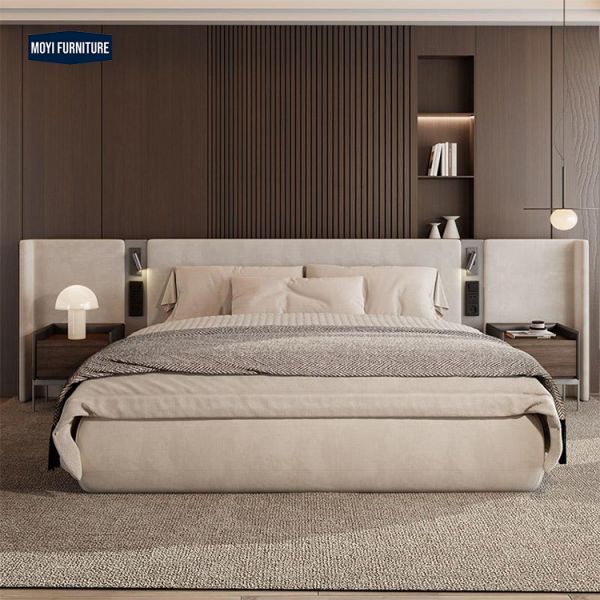 Customize Size Modern Luxury Double Queen Bed Large Headboard Velvet Fabric Upholstered King Size Beds Power Switch Furniture