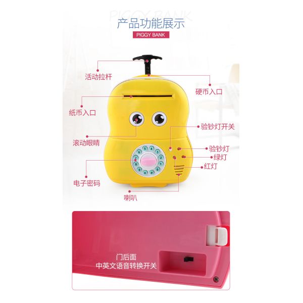 abs material pull rod suitcase coin piggy bank for kids