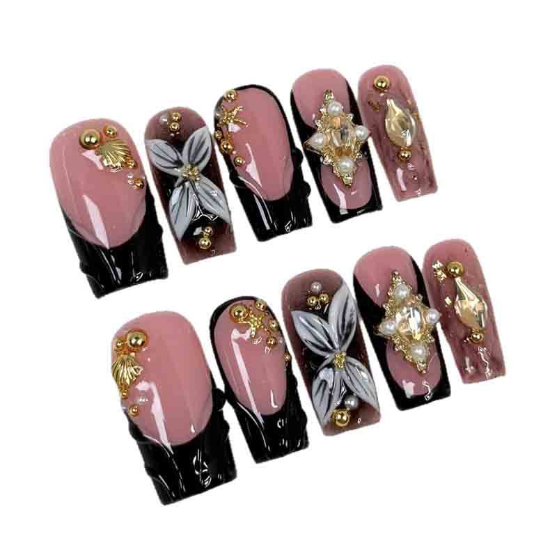 Long Square Handmade Fake Nails 3D Butterfly Gold Shell Pearl Metal Nail Tips