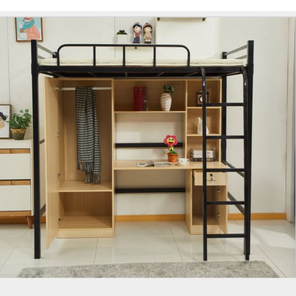 Queen Size Metal Loft Bunk Bed with Wooden Cabinet Modern Design and Hotel Style