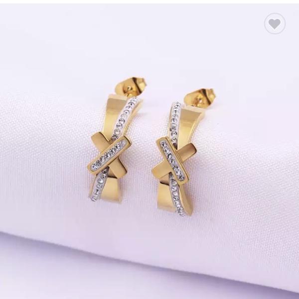 Gold Stainless Steel Jewelry Set X Shaped Rhinestone Stud Earrings And Necklace Set