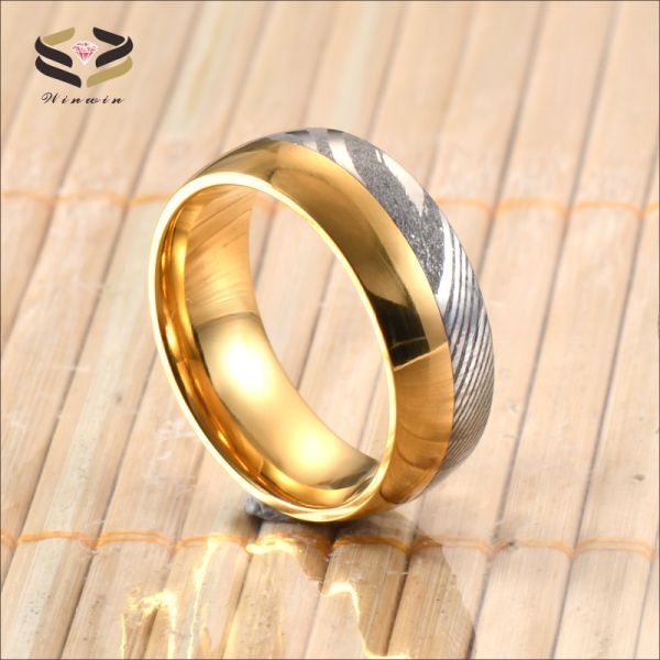 Anillo de boda de acero de Damasco para hombre, oro y plata, dos tonos, 8 mm, pulido con forro de tungsteno