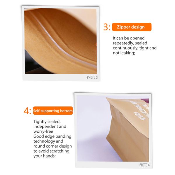 Stand Up Brown Kraft Resealable Paper Pouches For Food Packaging