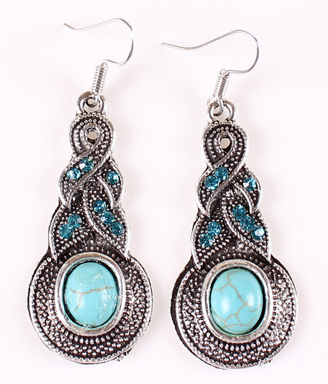 Classic retro ancient silver plated diamond jewelry gourd shape turquoise earrings