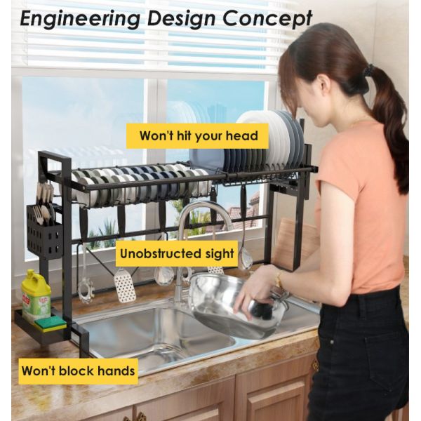 Matt Black Adjustable Over Sink Dish Rack Stainless Steel Material 600x280x560mm Size
