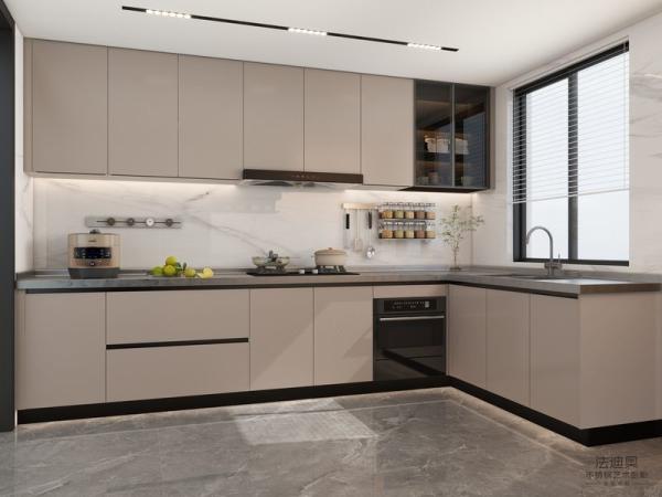 L-Shaped Beige Modern Stainless Steel Kitchen Cabinets With Glass Doors Design