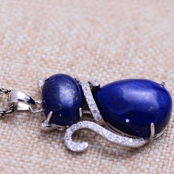 Sterling Silver Lapis Lazuli Cat  Shape Women Pendant Necklace (048817W)