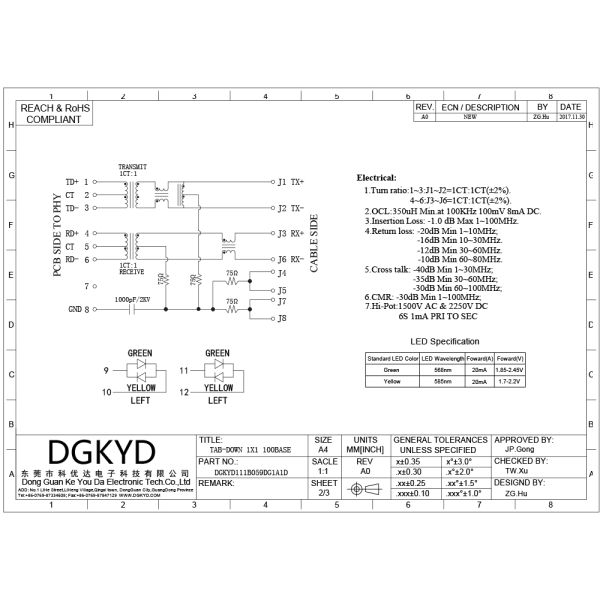 Single Port 10/100 Base-T RJ45 Female Connector 8P8C With Leds