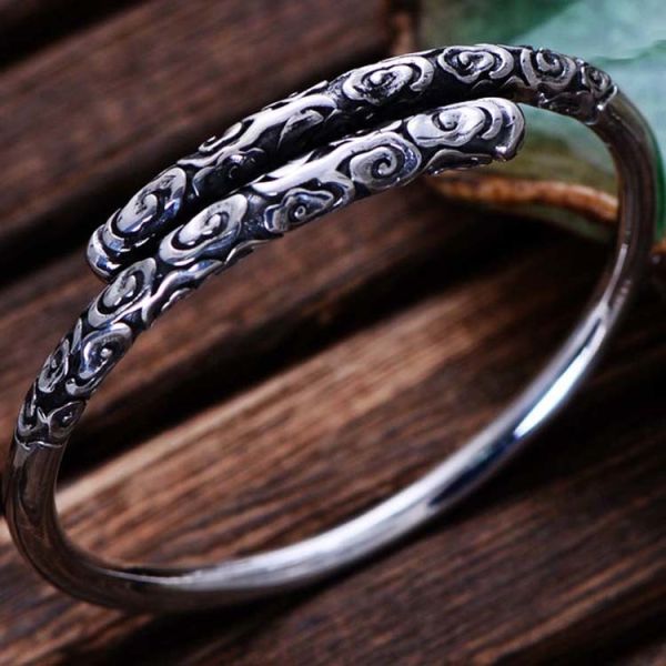 Adjustable Retro Vintage Sterling Silver Cuff Bracelet Engraved Clouds(054565)
