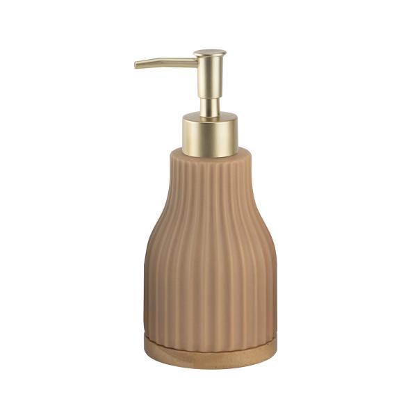 Round Bath Soap Dispenser Ceramic Lotion Dispenser Vertical Stripe With Wood Base