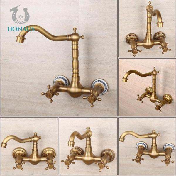 Double Switch Antique Copper Wall Mounted Bathtub Faucets Hot Cold Water