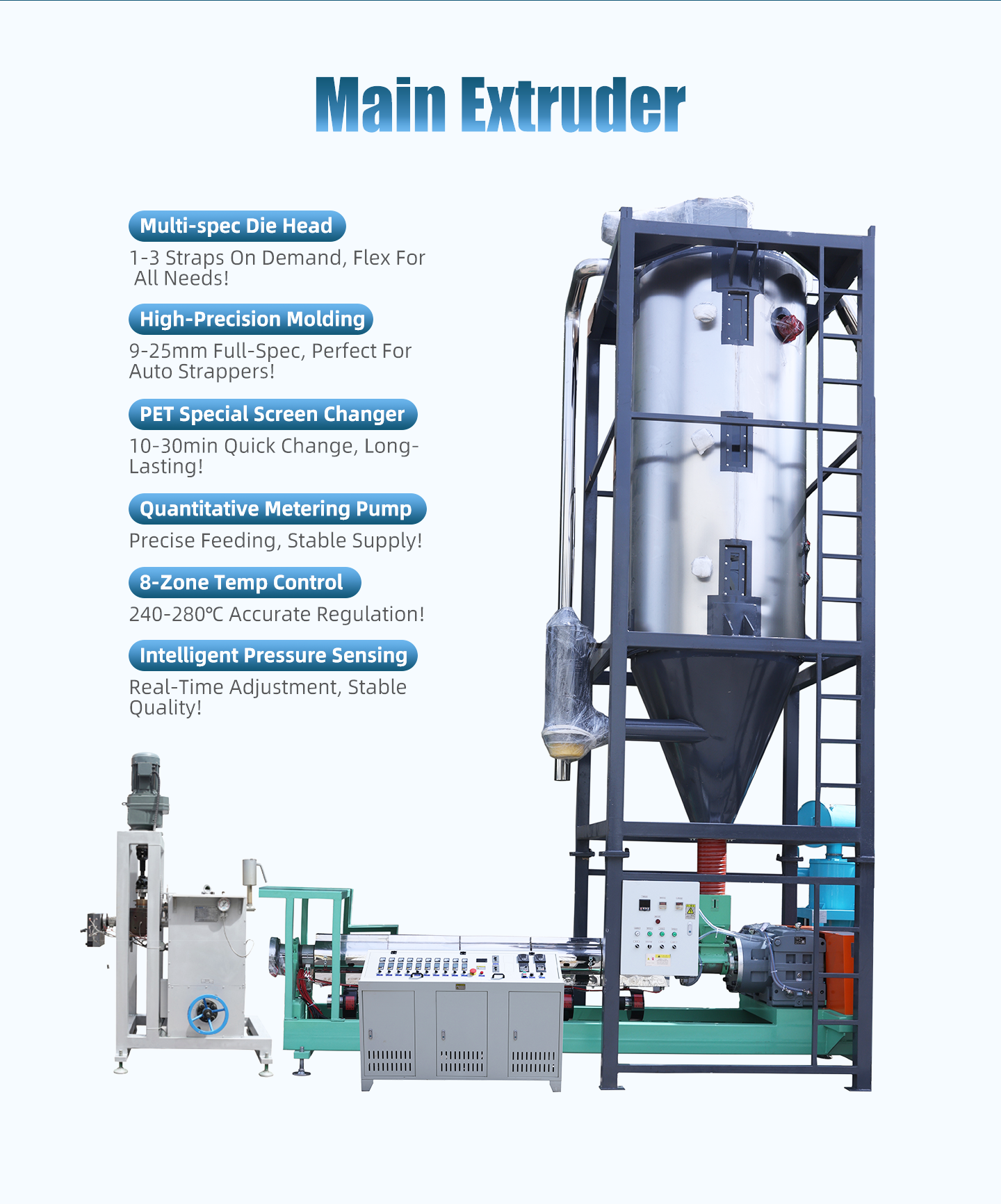 PET Strap Making Machine Featuring Extrusion Cooling Traction Stretching Embossing Setting and Secondary Cooling