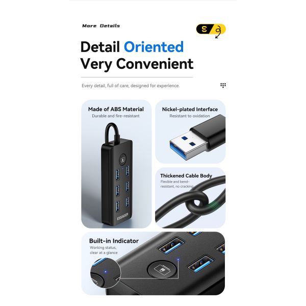 Essager ES-HB04 7-Port USB 3.0 Hub for Laptop PC 5Gbps Data Transfer