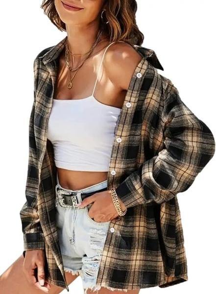                 Fashion Women′s Flannel Plaid Shirt Button-Down Regular Fitted Long-Sleeved Casual Shirt Cotton Oversized Shirt             
