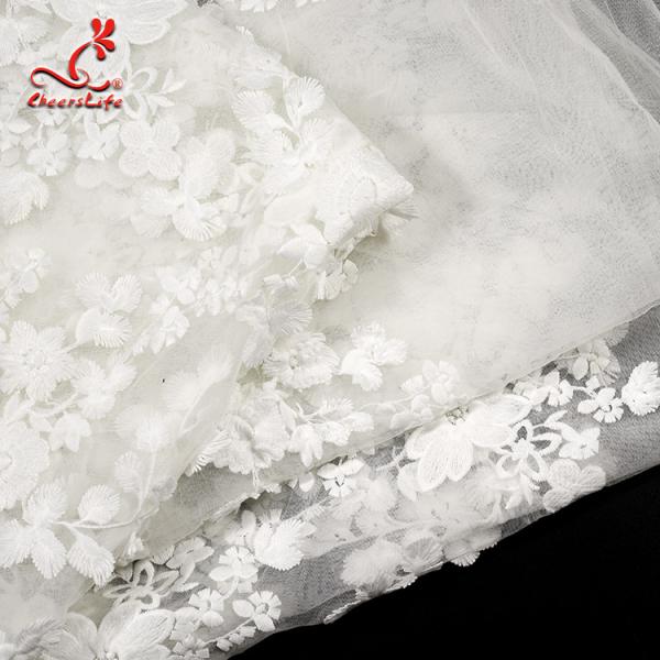White 3d Embroidered Lace Fabric For Wedding Dress With Elastic Nylon Net