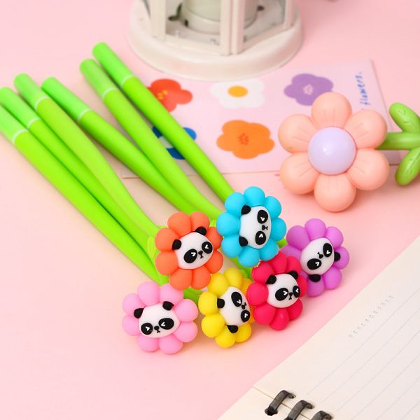 Plumas de flor Panda Plumas de forma de bola rosa Plumas creativas líquidas negras de 0,5 mm Tinta de gel Plumas de pelota para niñas Mujeres, artículos de oficina y decoración escolar