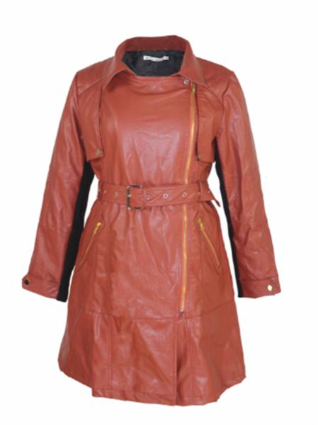 Fashion Low Collar Ladies Pu Jackets With Zipper And Waist Belt Medium Coat Length