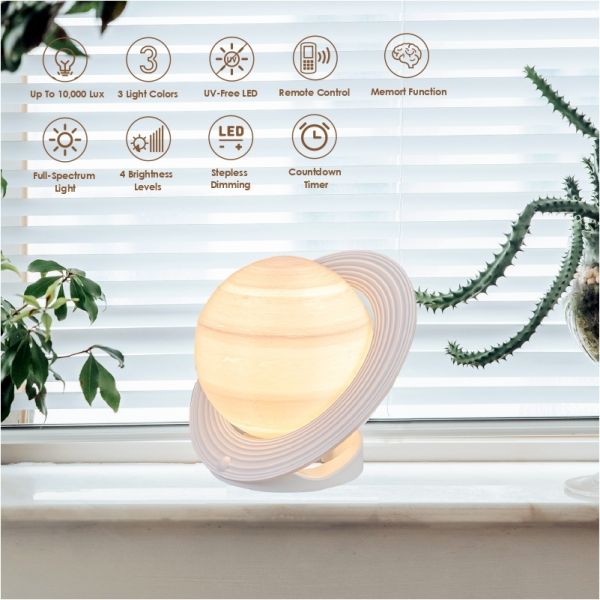 SAD Saturn Light Therapy Lamp, 10000 Lux, 3 Color Temperatures, Dimmable & Timer, Remote Control Included