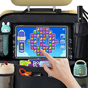 Car Backseat Organizer With Table Holder, Storage Pockets Seat Back Protectors Kick Mats For Kids Toddlers