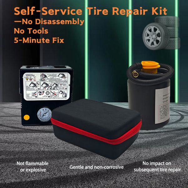 Emergency Flat Tire Puncture Repair Kit 10 Min Fix Includes Sealant and Steel Tire Inflator Pump for Cars Highway Vehicles