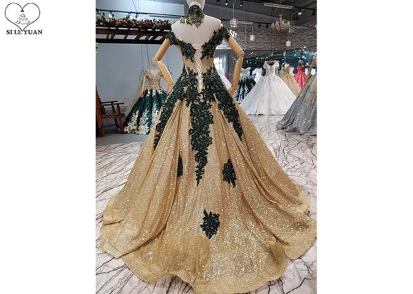 Sparkly Gold Off The Shoulder Prom Dress Green Lace Short Sleeve Sweep Train