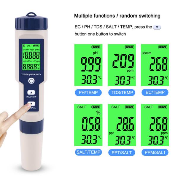 5 - In - 1 Water Quality Tester PH/TDS/EC/Salinity/Temp Meter For Home Aquarium Lab