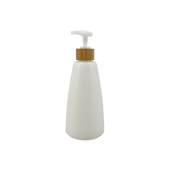 White Matte Conical Plastic Lotion Bottle With Bamboo Cap 250ml Cosmetic Dispenser Bottle