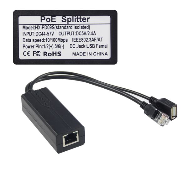 48V to 5V 2.4A PoE Splitter with USB and RJ45 Outputs IEEE 802.3af