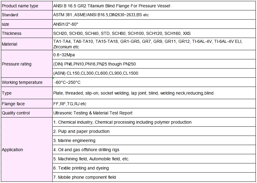 Gr1 Gr2 Gr5 Gr9 Titanium Blind Flange Industry RF Flanges