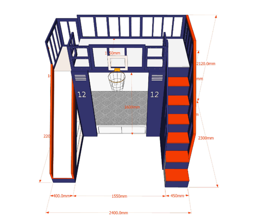 Customized Safe Children Furniture Solid Wood and MDF Bunk Bed for Kids Bed Blue for Boy with Basketball Hoop and Slide