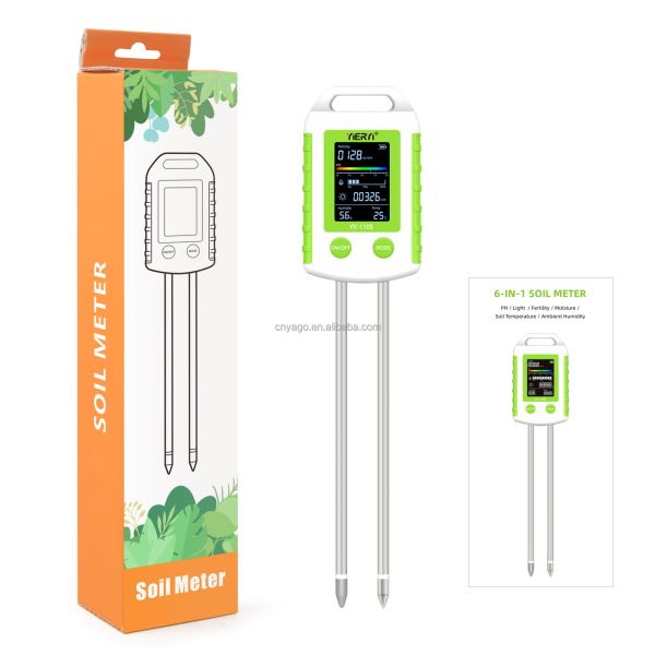 YIERYI 6-in-1 Soil Tester with 90° Rotatable Display for One-Step Operation - Measures pH, Fertility, Moisture, Light, Temperature, and Humidity