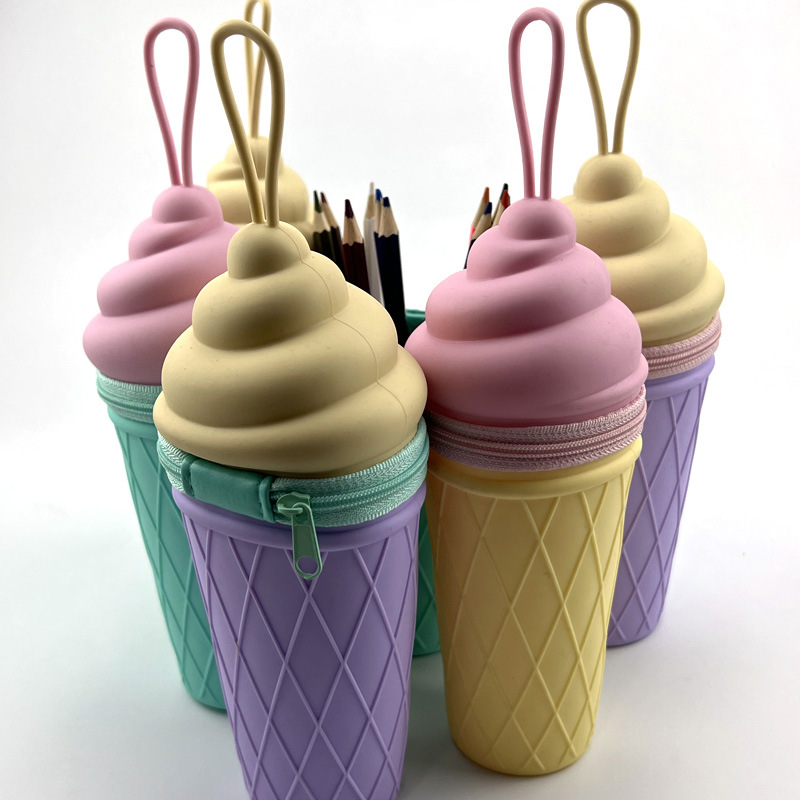 Reliable Quality Large Capacity Handle Silicone Pencil case Student Fancy Ice Cream Shape Pen Bag