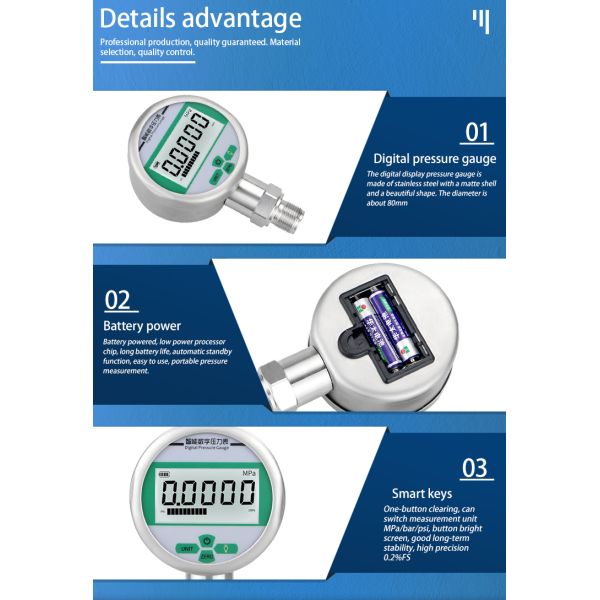 80mm Stainless Steel Digital Pressure Gauge with Threaded Connection and -1-999bar Range