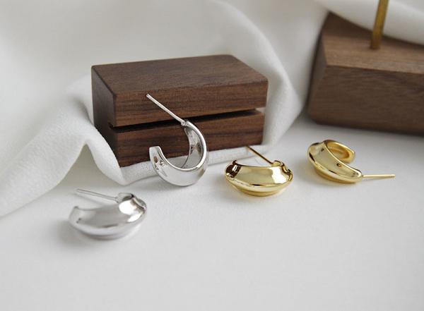 Lanciashow 925 Solid Silver Gold Plated Jewelry Hoop Earrings Simple Concavo Convex Shape