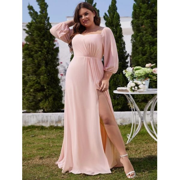 Plus Size Ruffled Long Sleeve High Slit Off-shoulder High Slit Burgundy Chiffon Prom Dress