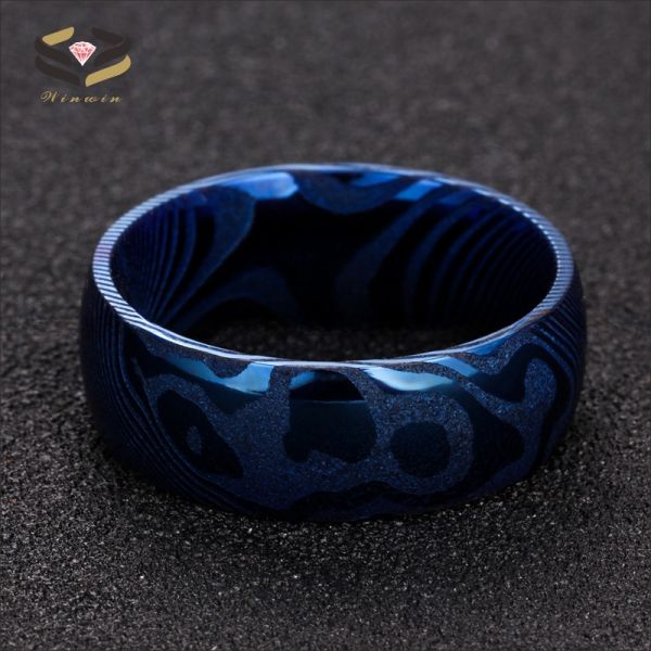 Mariage à la main audacieuse Damas Anneau homme en acier 8 mm bleu type religieux en bois en forme de dôme
