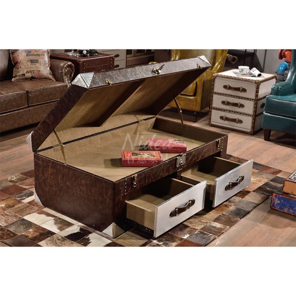 Hot Sale Coffee Table Double Drawers Aluminum Rivet Union Jack Crackle Leather