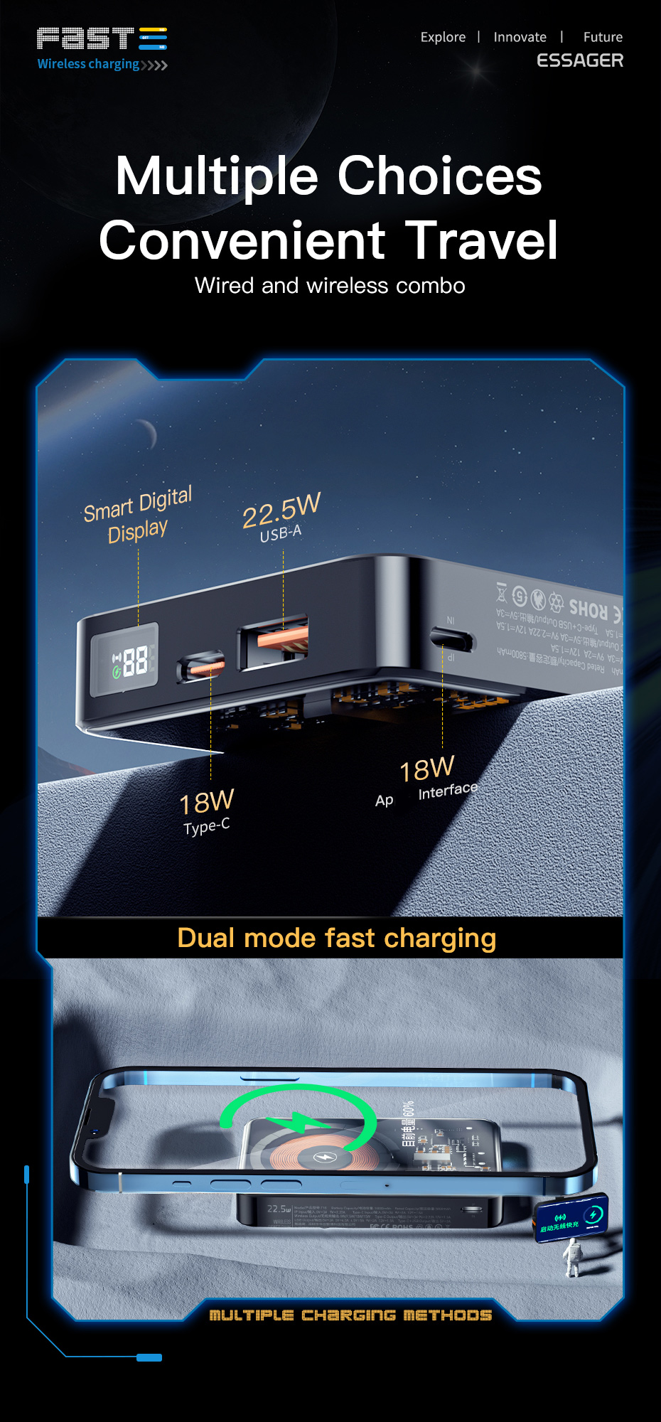 Banco de energía de carga inalámbrica magnética negra transparente 10000mAh 15W