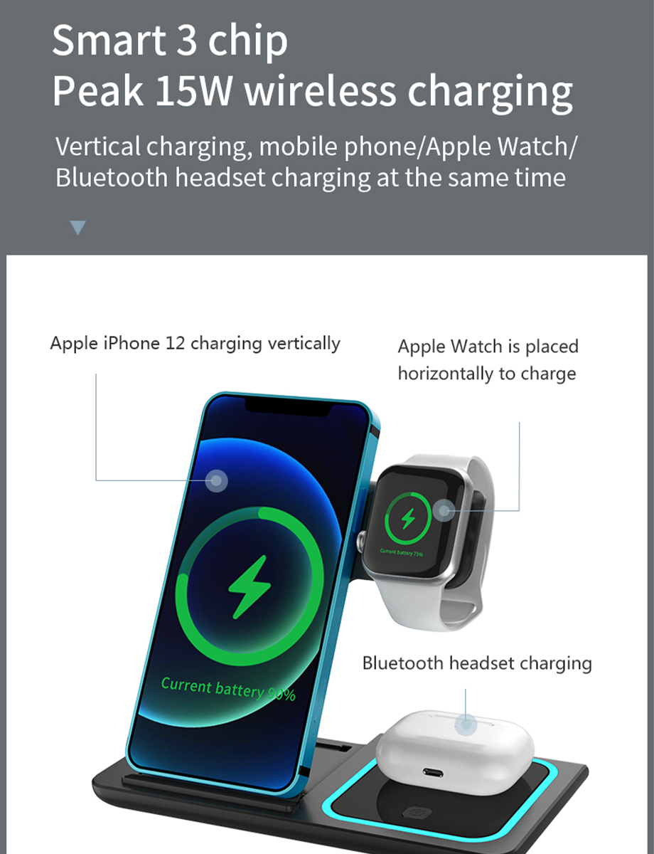 Cargador rápido inalámbrico 3 en 1 Apple/Samsung 15W/10W Xharger plegable Soporte a Apple Watch con la luz nocturna