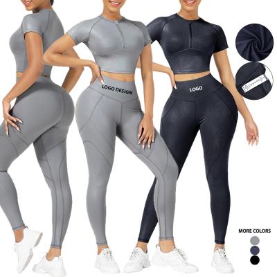 HEXIN Material respirável Manga curta Crop Top e cintura alta Leggings conjunto para mulheres
