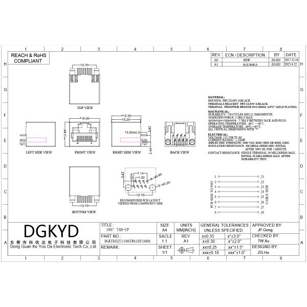 RJ45 vertical network interface 8P8C all plastic network socket DGKYD52T1188IWA1DY1008