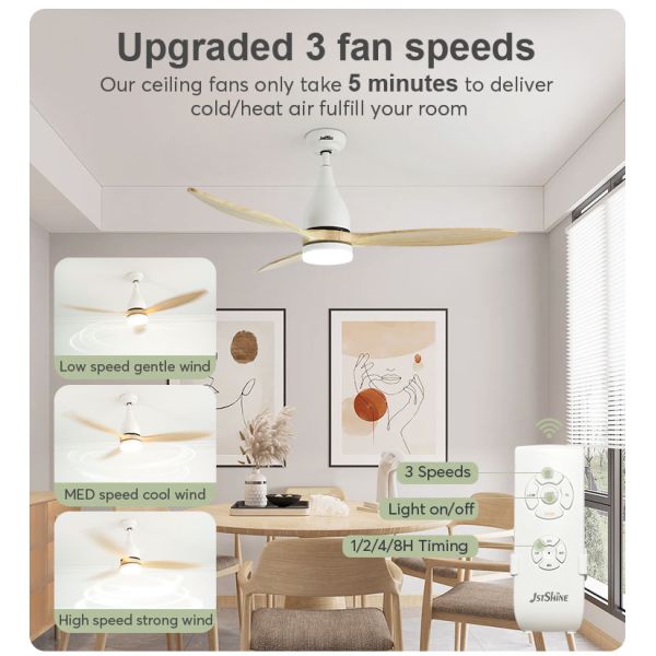 Ventilador de teto de madeira LED com controle remoto 3 velocidades Motor AC ajustável e puro de cobre