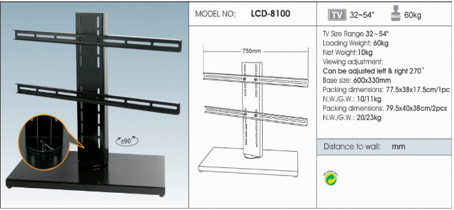 Black Expansion LCD Flat Screen TV Floor Stand Smart Degined 600 X 330 mm