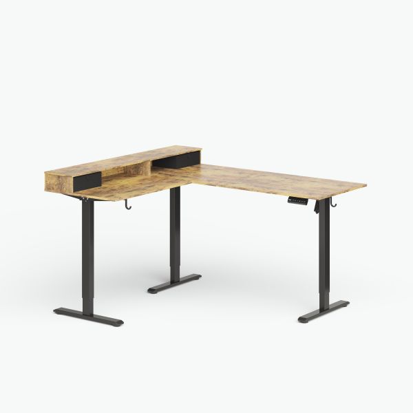 Bureau debout électrique brun rustique avec rangement, moteur unique, 2 étages, charge maximale 80 kg