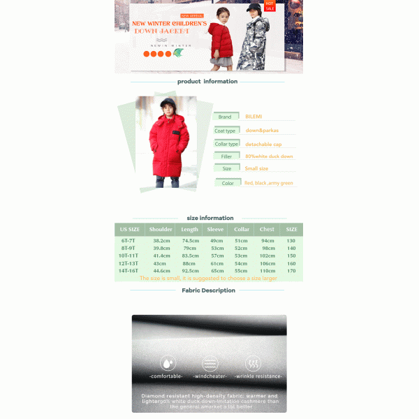 Bilemi Long Thick Hooded Snowsuit Boy Down Coat Warm Parka Kids Winter Jacket