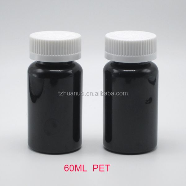 2OZ 60ML PET Amber Black Plastic Bottle with CRC Lid for Medicine Supplement Packaging