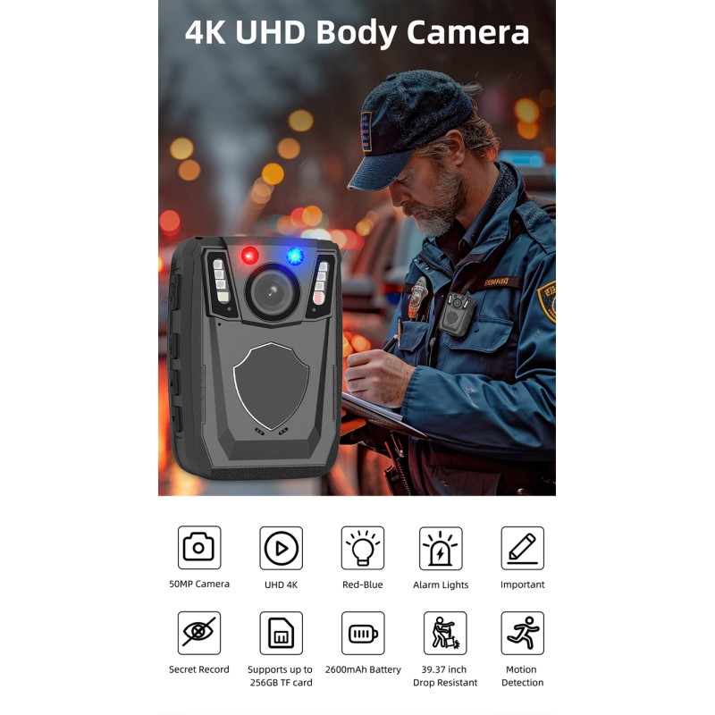 Portable 4K 50MP QHD Body Worn Camera Recorder 2.0 TFT Screen Infrared Night Vision Camera for Security Guard