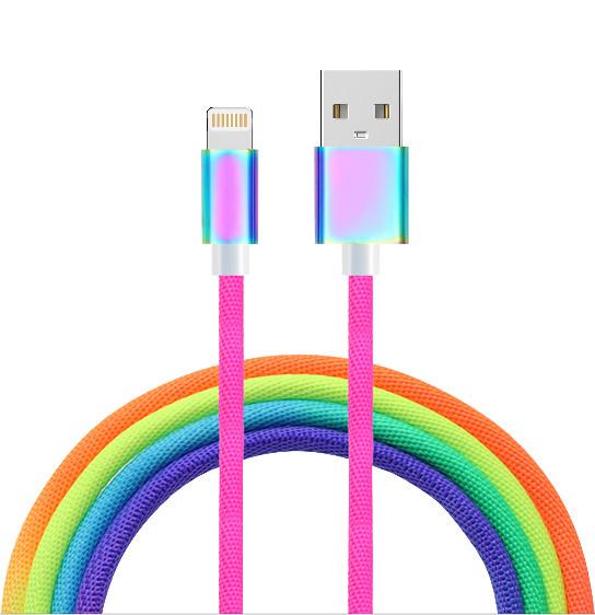 Vibrant Rainbow Braided Cable - Metal Connector & Tangle-Free Design