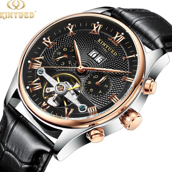 KINYUED Hot Sale Men Tourbillon Automatic Mechanical Watch Leather Strap Date Week Month
