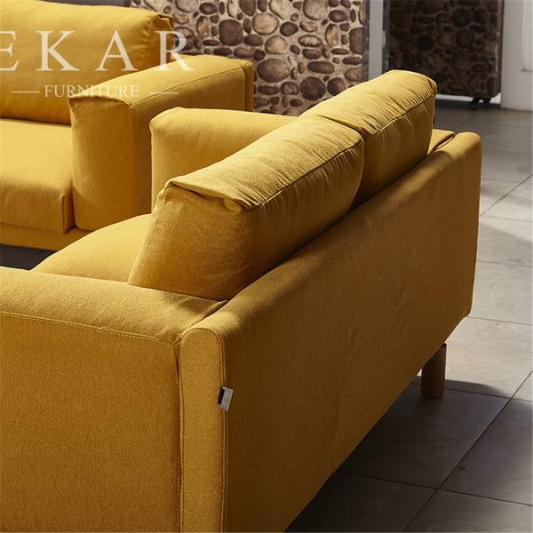 Wide Couch Set Pine Wood Yellow Fabric Sofa Set AW-1618